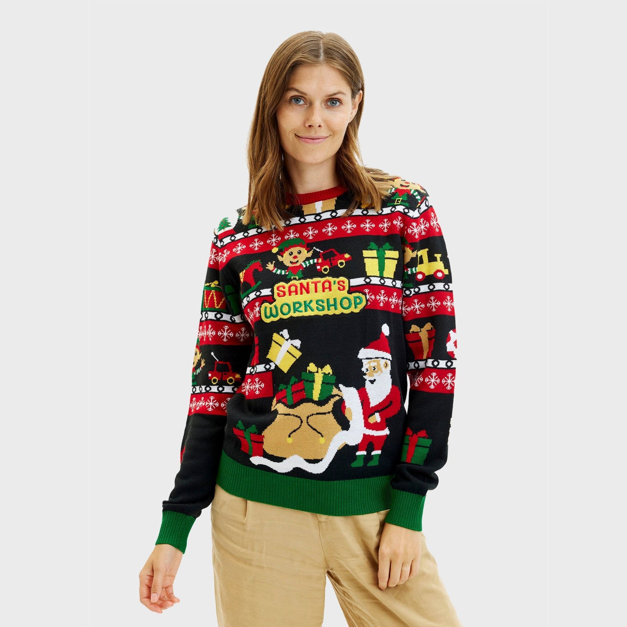 Enjyam Kersttrui voor dames, ronde hals, lange mouwen, gebreide trui met rendier, sneeuwvlokken, zacht, warm, Noorse trui voor de winter, zwart, L