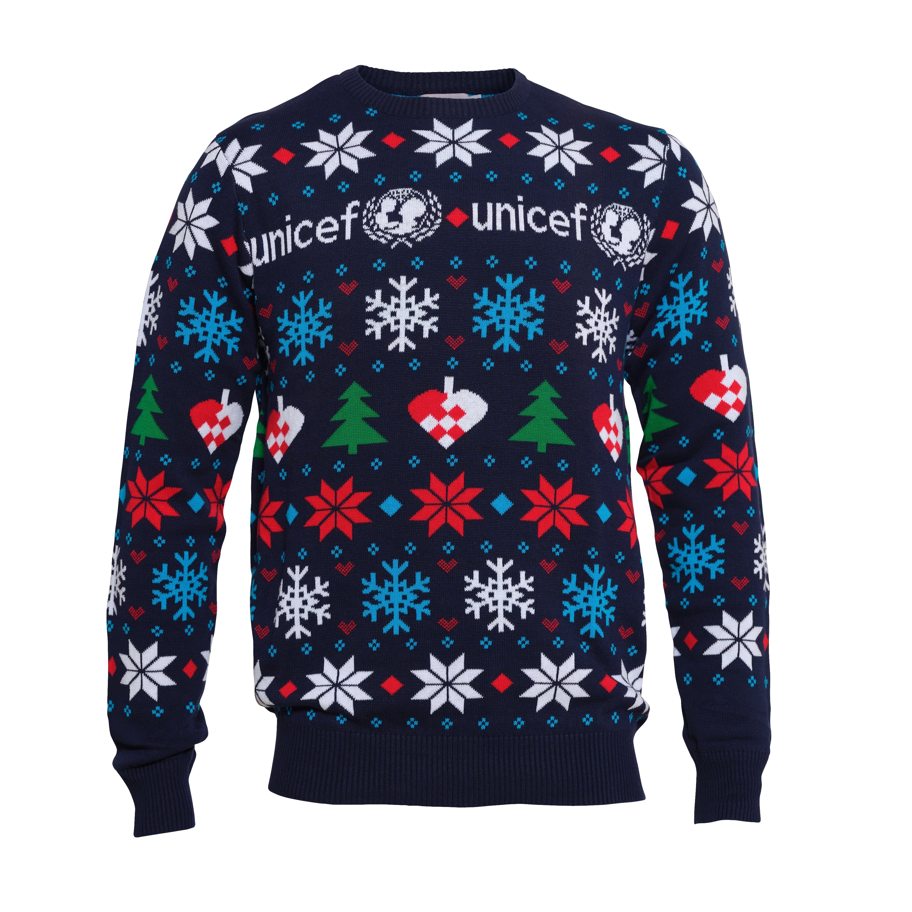 En blå julesweater med snefnug på.