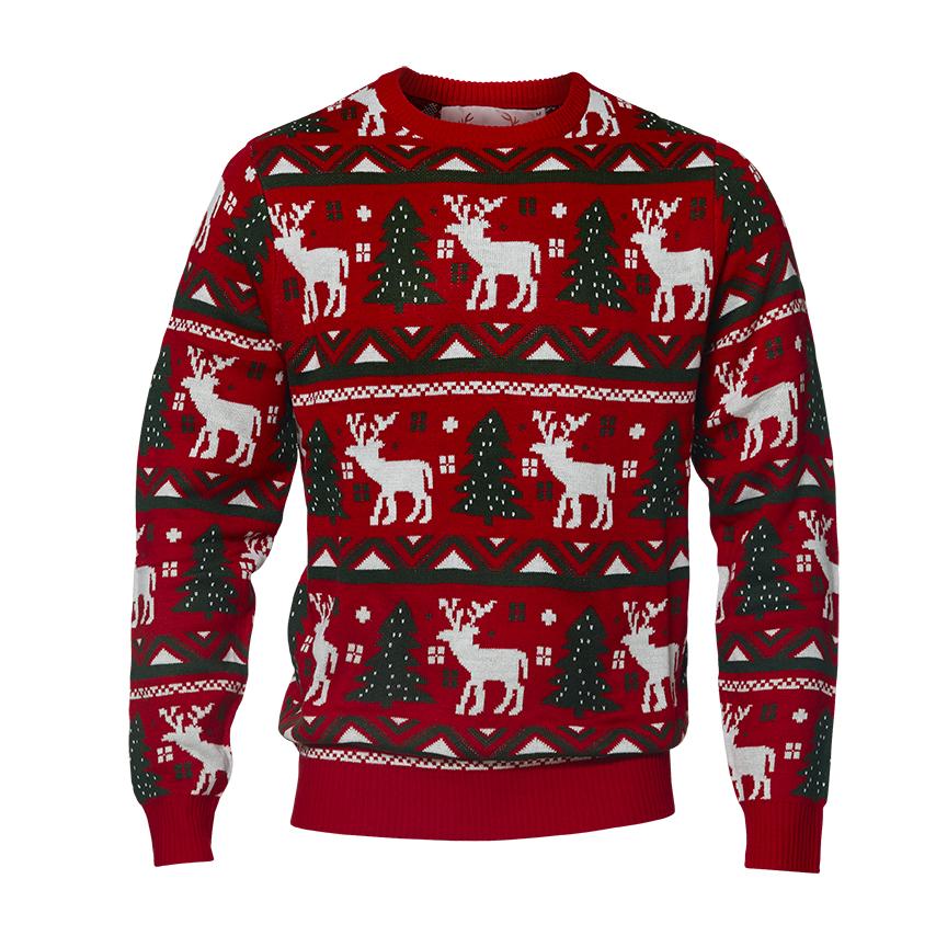 Een rode kersttrui met rendieren en kerstbomen erop.